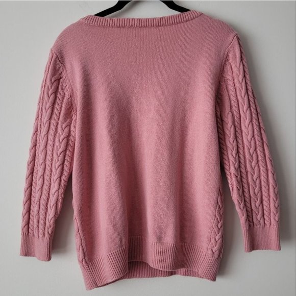 VINTAGE Pink Chunky Cable Knit Scoop Neck Sweater Pullover - Picture 4 of 11